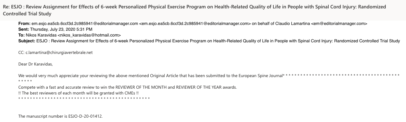 Η πρόσκληση που έλαβε ο Νίκος Καραβίδας για Reviewer στο European Spine Journal nikos karavidas review invitation ESJ