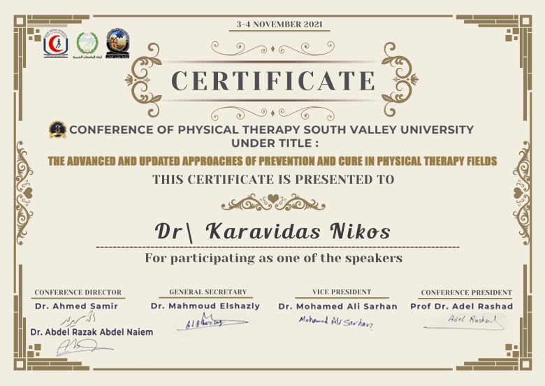 Certification of Appreciation for Nikos Karavidas contribution to the 3rd Scientific Conference of Physical Therapy, by the South Valley University of Qena, Egypt 3rd Scientific Conference South Valley University Qena Egypt November 2021 Nikos Karavidas 2